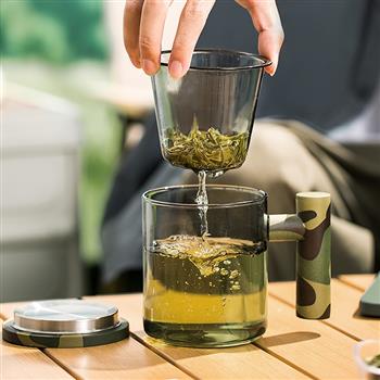 木笙玩物茶水分離杯子大容量男士玻璃過(guò)濾茶杯帶把手迷彩喝茶水杯