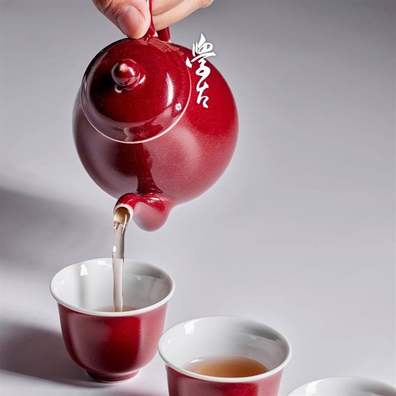 學古|石榴紅泰斗小杯 手工薄胎明代景德鎮(zhèn)霽紅釉茶杯6只禮盒50ml